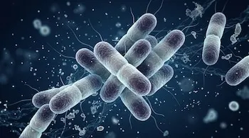 Bacterias alargadas con filamentos flotan en un espacio de color azul oscuro junto a partículas microscópicas.